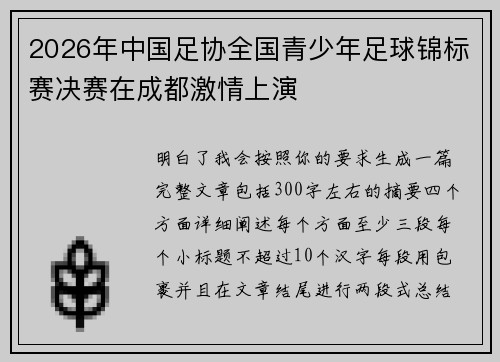 2026年中国足协全国青少年足球锦标赛决赛在成都激情上演